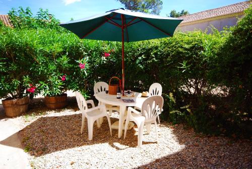 a table and chairs under an umbrella in a garden at Domaine Saint Ferreol in Nizas