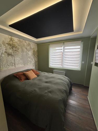 a bedroom with a large bed and a flat screen tv at Gîte au paradis boisé in Ardres