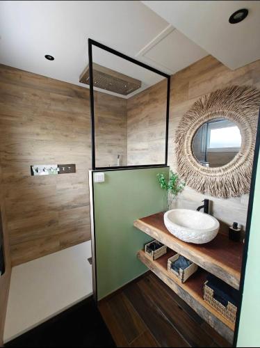 a bathroom with a sink and a mirror at Gîte au paradis boisé in Ardres