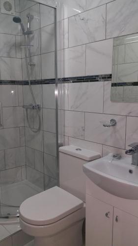 a bathroom with a toilet and a shower and a sink at Ali Inn Oxford in Oxford