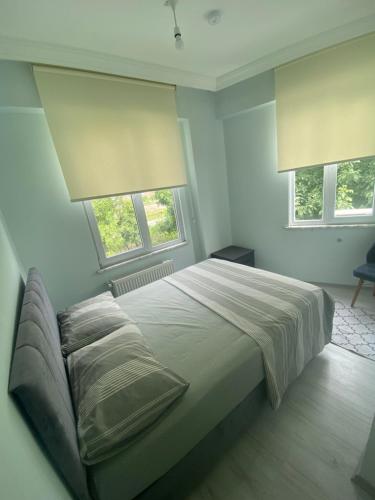 a bedroom with a large bed with two windows at TURKERHOMe in Ordu