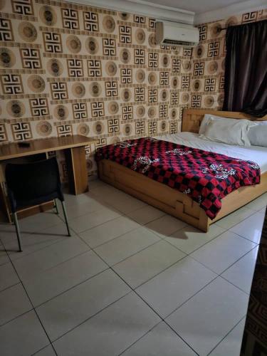 a bedroom with a bed and a chair in it at GRACECUT HOTEl in Enugu