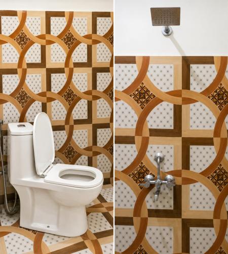 two pictures of a bathroom with a toilet and a wall at Hotel Panchmukhi Ashram Ayodhya Dham in Ayodhya