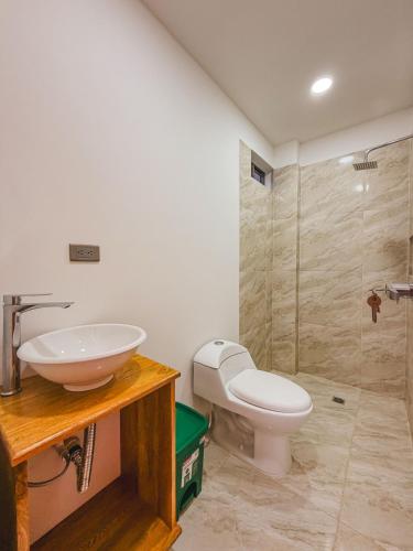 a bathroom with a sink and a toilet at El Viento Beach Apartamentos in San Bernardo del Viento