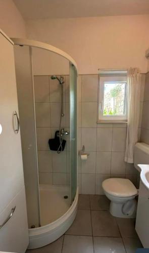 a bathroom with a shower and a toilet at Stunning Sea View in Central Postira in Postira