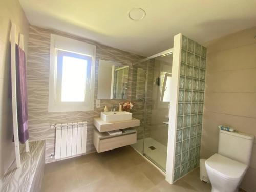 a bathroom with a sink and a shower and a toilet at Lar de Mamita in Cristiñade
