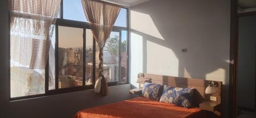 a bedroom with a bed and a large window at Bishoftu Bliss in Debre Zeyit