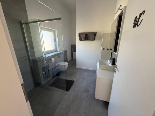 a bathroom with a shower and a toilet at Moselpanorama91 in Briedel