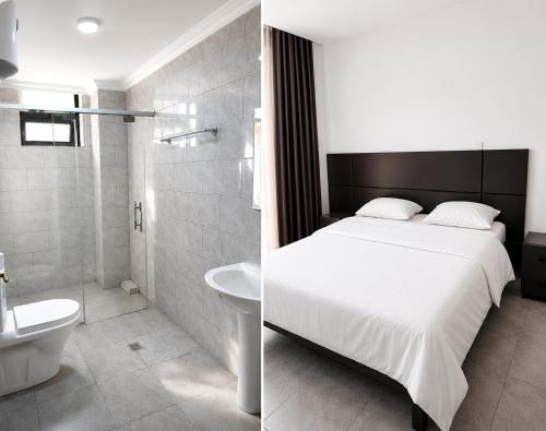 two pictures of a bedroom with a bed and a bathroom at Kigali Clever Homes Villa in Kigali