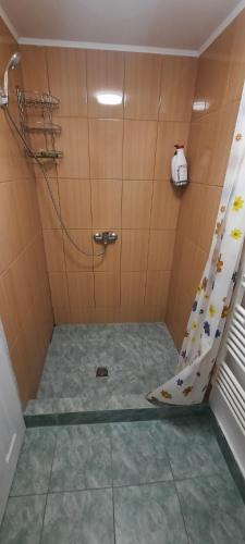 a shower with a shower curtain in a bathroom at Daria in Eforie Sud
