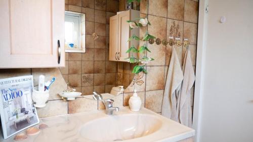 a bathroom with a sink and a mirror at Amazing villa with garden in Kolding