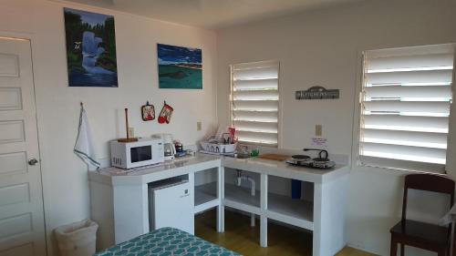 a kitchen with a white desk with a microwave at Tri Tan Beach Cabanas in Placencia