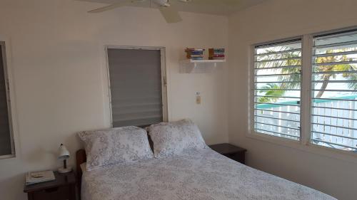 a bedroom with a bed and two windows at Tri Tan Beach Cabanas in Placencia