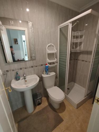 a bathroom with a toilet and a sink and a shower at Le paradis de Lynn in Formentera de Segura
