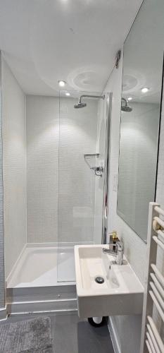 a bathroom with a shower and a sink and a tub at Shivay harmony in Birmingham