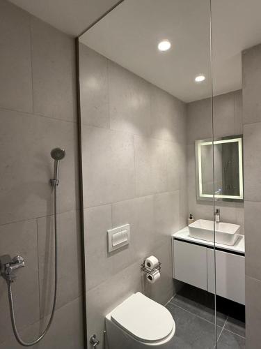 a bathroom with a shower and a toilet and a sink at Tian Vista Apartment in Prishtinë