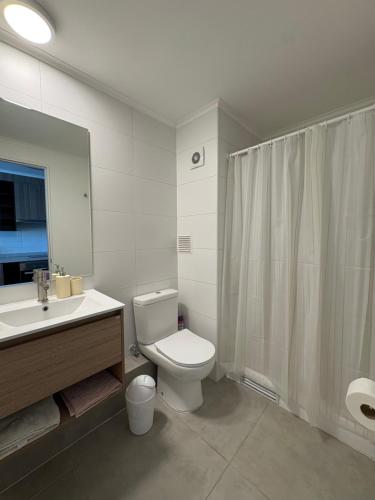 a bathroom with a toilet and a sink and a shower at Studio cómodo y luminoso, a pasos del centro! - Bilingual Support Eng, Esp in Concepción