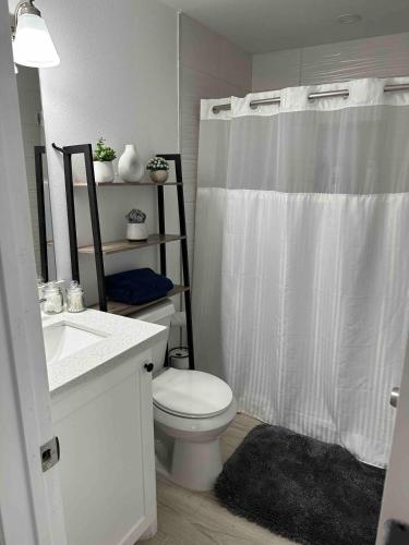 a bathroom with a toilet and a sink and a shower at Cozy Apartment in Brownsville