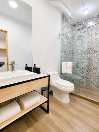 a bathroom with a sink and a toilet and a shower at Aloja Rentals Mexico in Mexico City