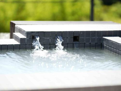 two dogs playing in a fountain in a pool of water at FOG villa&spa in Kirishima