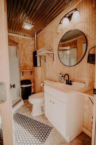 a bathroom with a sink and a toilet and a mirror at The Perch Glamping by Rafting in Cosby