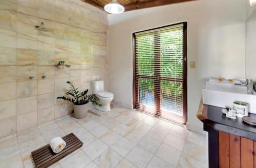 a bathroom with a shower and a toilet and a sink at Boonooloo on Absolute Beachfront in Newell Beach