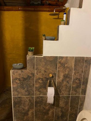 a bathroom with a roll of toilet paper on a wall at La aldea in Capurganá