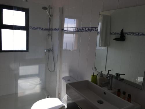 a bathroom with a sink and a toilet and a mirror at Casa da Ovelha I Madeira in Fajã da Ovelha