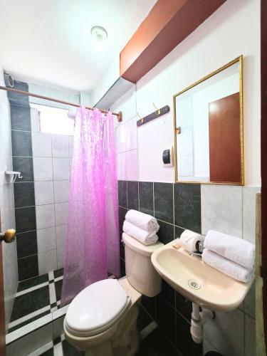 a bathroom with a toilet and a sink and a mirror at Hotel Mirador All Sur in Cusco