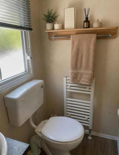 a bathroom with a white toilet and a window at Seashells - Exclusive Private Area to Side in Coldingham