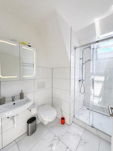 a white bathroom with a toilet and a sink at Hostel am Rhein - Nierstein in Nierstein