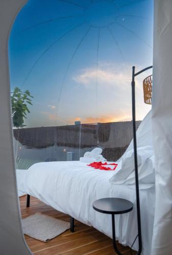 a bedroom with a bed and an umbrella at Burbuja El Sueño del Duque in Villanueva de Tapia