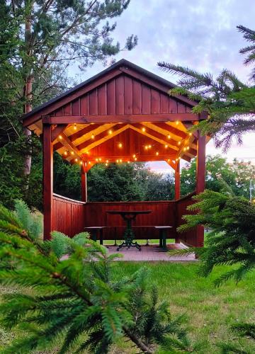 a pavilion with a picnic table and lights on it at Biały Domek Nielbark - Agroturystyka in Nielbark
