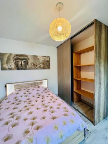 a bedroom with a large bed and a chandelier at AimerAude in Saint-Pierre