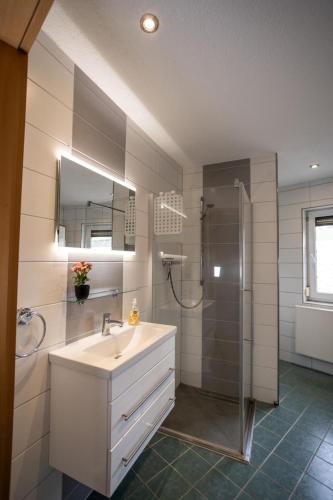 a bathroom with a sink and a shower at Ferienhaus Pöhlablick in Pöhla