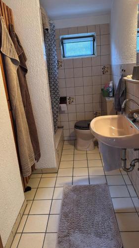 a bathroom with a toilet and a sink at Ferienwohnung & Monteurwohnung Oberburg in Solingen