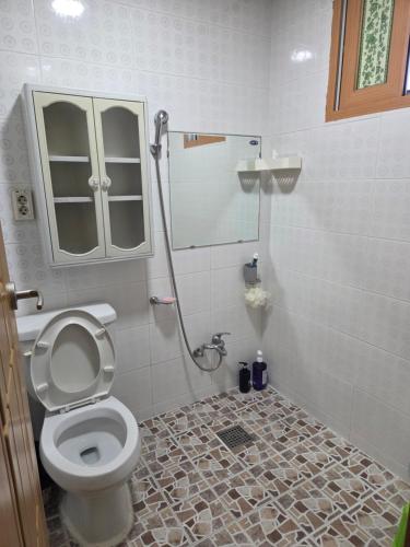 a bathroom with a toilet and a shower at 속초푸른바다펜션 in Puwŏl-li