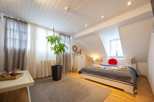 a bedroom with a bed and a large window at Zum Alten Turm in Hennef