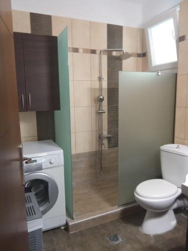 a bathroom with a toilet and a shower with a washing machine at SOFI APARTMENT in Ofrínion
