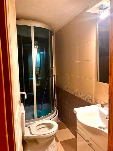 a bathroom with a shower with a toilet and a sink at Vikendica Veruša in Veruša