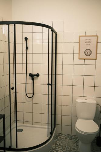 a bathroom with a shower and a toilet at Chata Horalka in Jáchymov