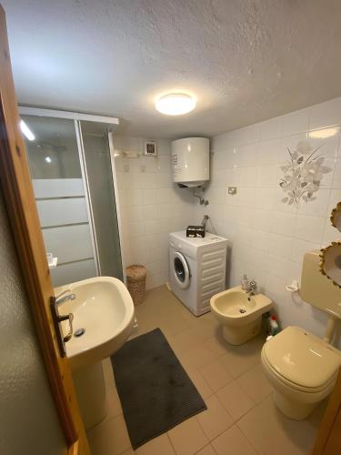 a bathroom with a sink and a toilet and a washing machine at A Casa di Zia Renny in Châtillon