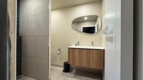 a bathroom with a sink and a mirror at Huisje 47 | 8 persons in Gasselte