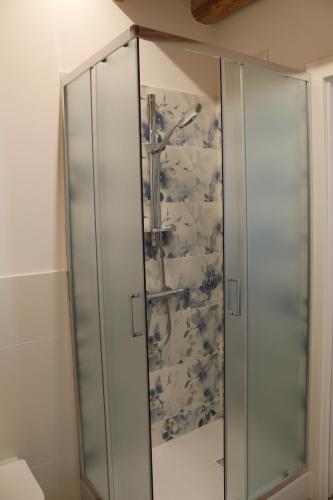 a glass shower stall with a blue and white wallpaper at Cà Dei Nonni in Castelfranco Veneto