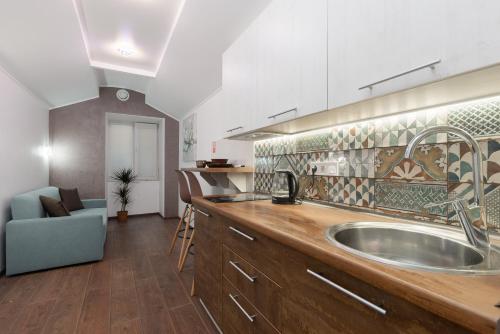 Opera Lane Suites في أوديسا: مطبخ مزود بحوض ومسطح عمل