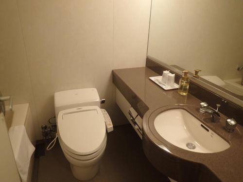 a bathroom with a white toilet and a sink at Castle Inn Toyokawa in Toyokawa