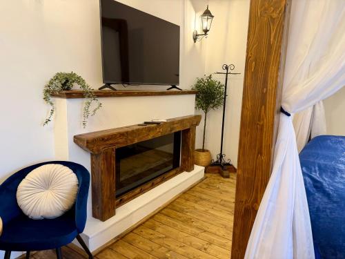 a living room with a tv and a fireplace at Malom Loft Apartman in Veszprém