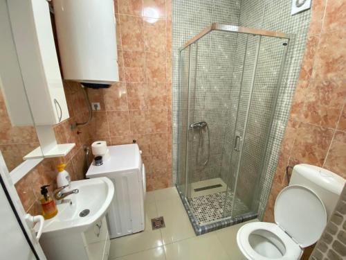 a bathroom with a shower and a toilet and a sink at Apartmani Ličina in Bečići