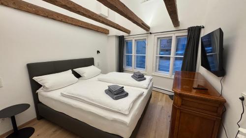 a bedroom with a bed and a desk and a television at Brück Residenz - 100qm Altstadtwohnung an der Steinernen Brücke in Regensburg