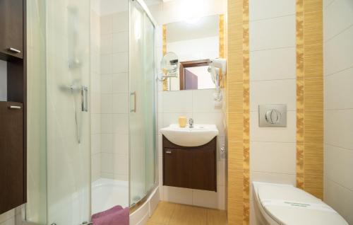 a bathroom with a shower and a sink and a toilet at Villa Laguna in Rowy